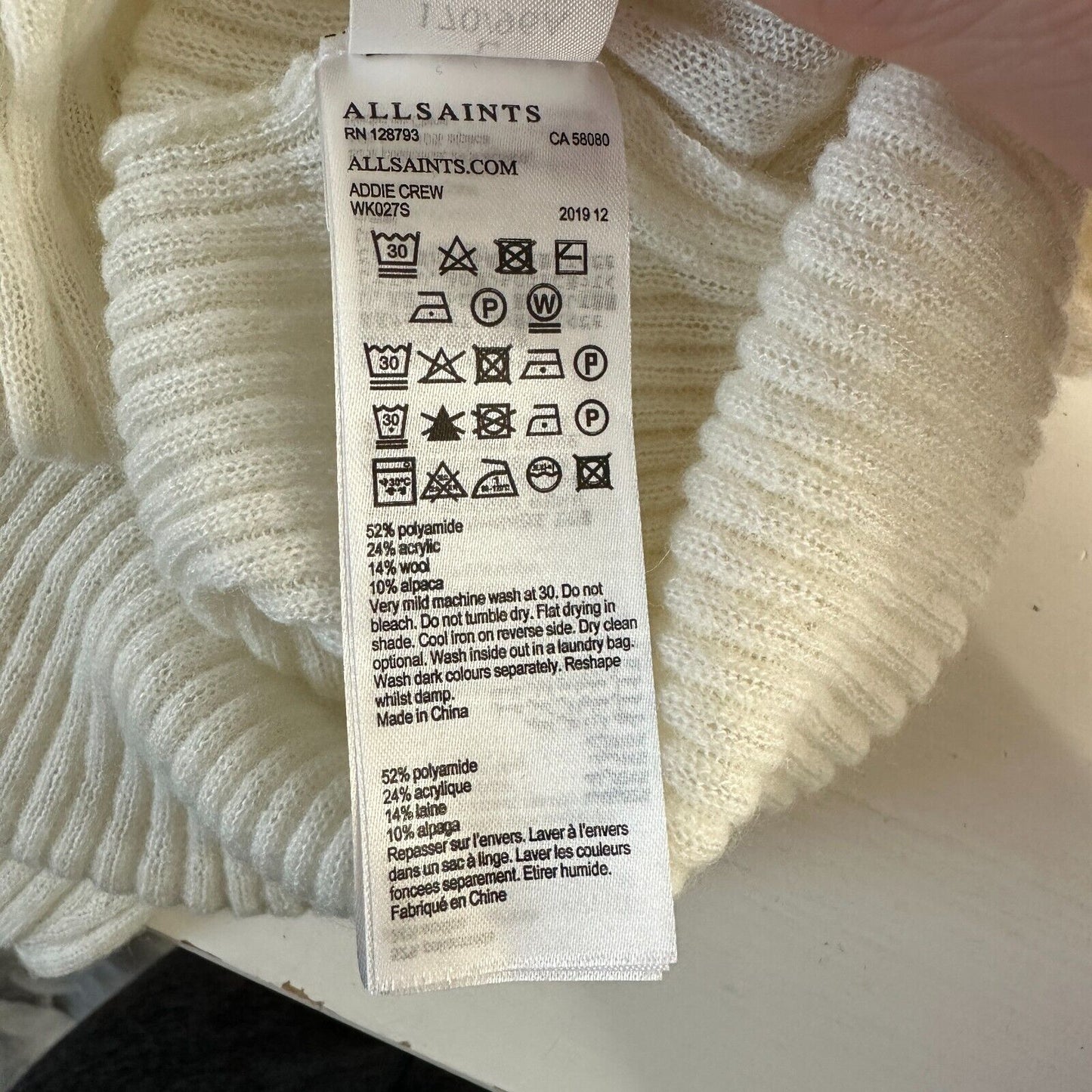 Allsaints Cream Ribbed Design Long Sleeve Round Neck Thin Light Sweater L