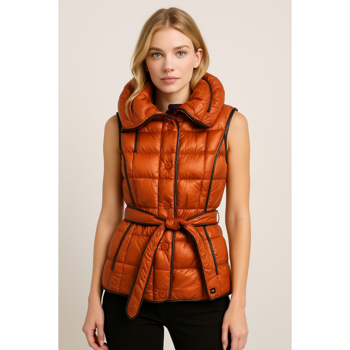 Escada Sport Orange Goose Down Quilted Puffer Belted Vest 38 / 8