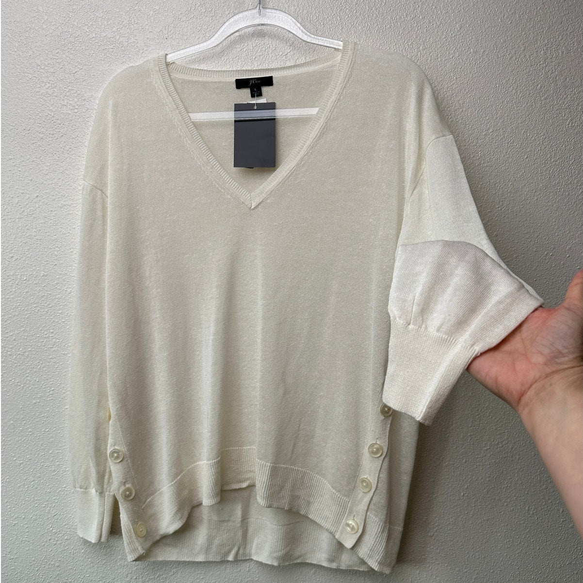 NWT J Crew Linen Blend V-Neck Sweater Ivory Women's US L
