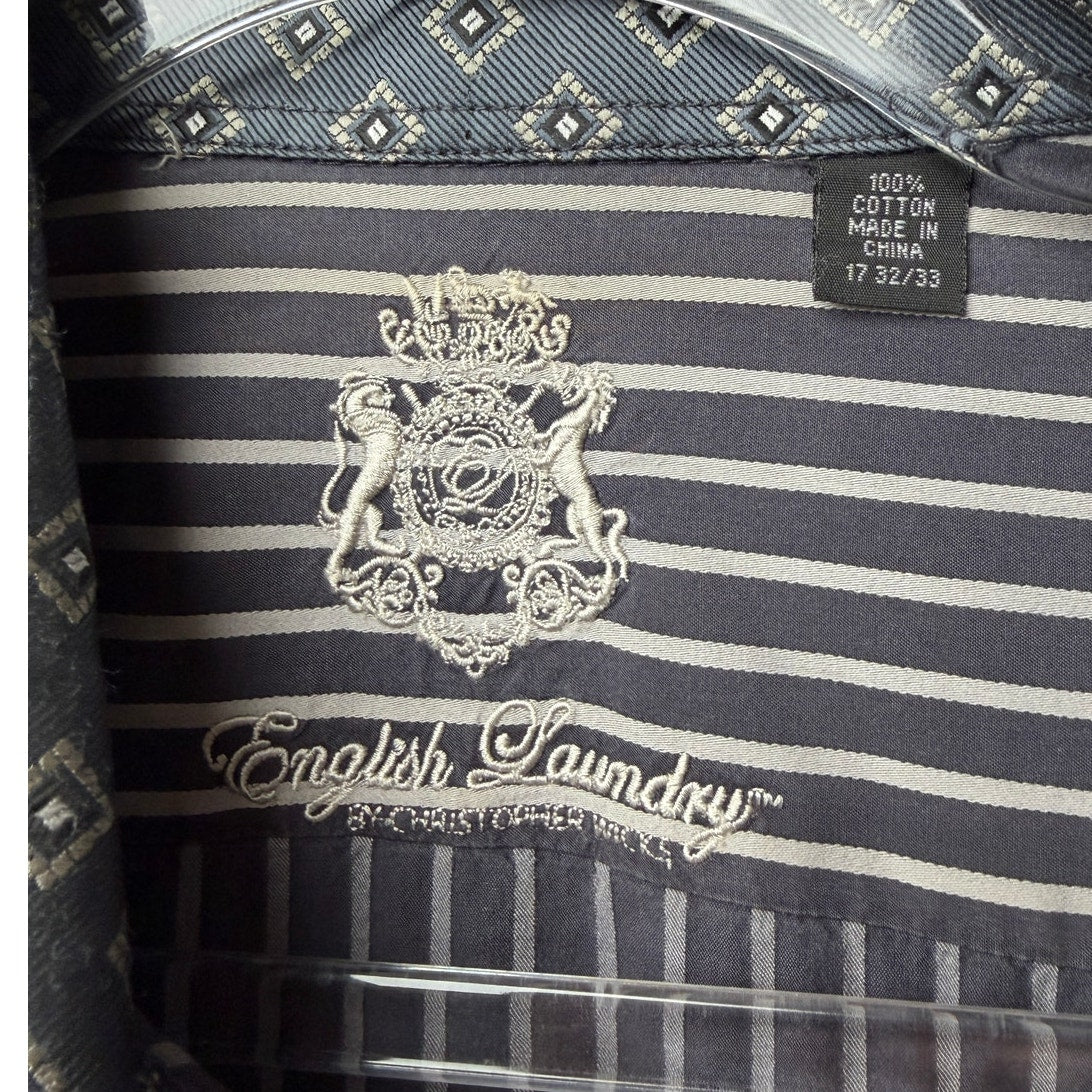 English Laundry Stripe Button Front Long Sleeve Shirt L Gray