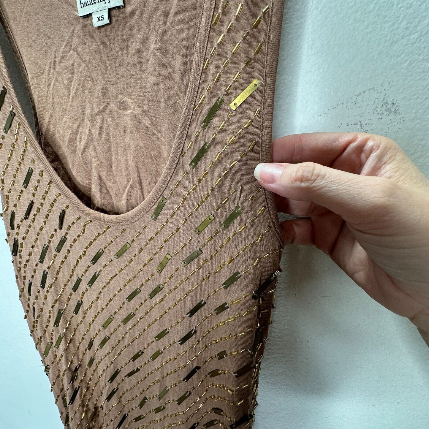 Haute Hippie Chocolate Brown Tank Mini Dress Side Ruche Gold & Beaded Adornment