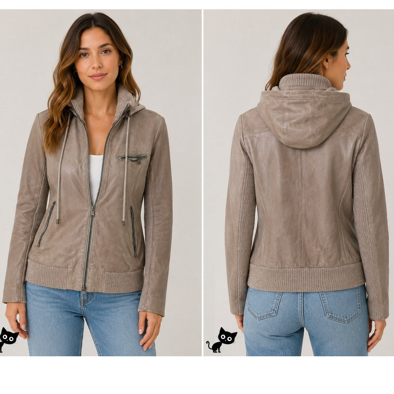 Haute Hoodie Fawn Taupe Lamb & Ribbed Knit Front Zip Hoodie Jacket S