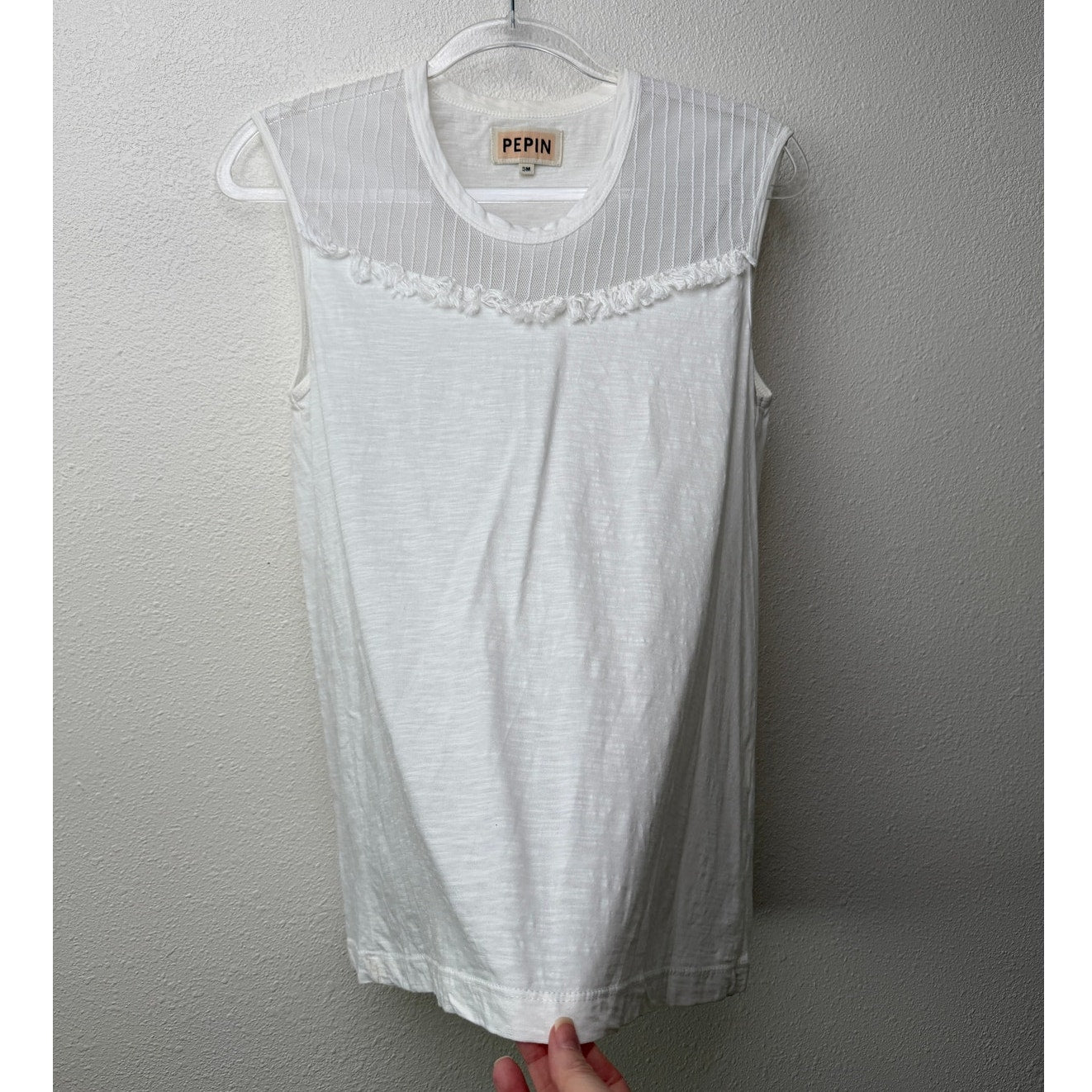 Pepin White Sheer Mesh Tassel Sleeveless Top Scoop Neck Linen Blend