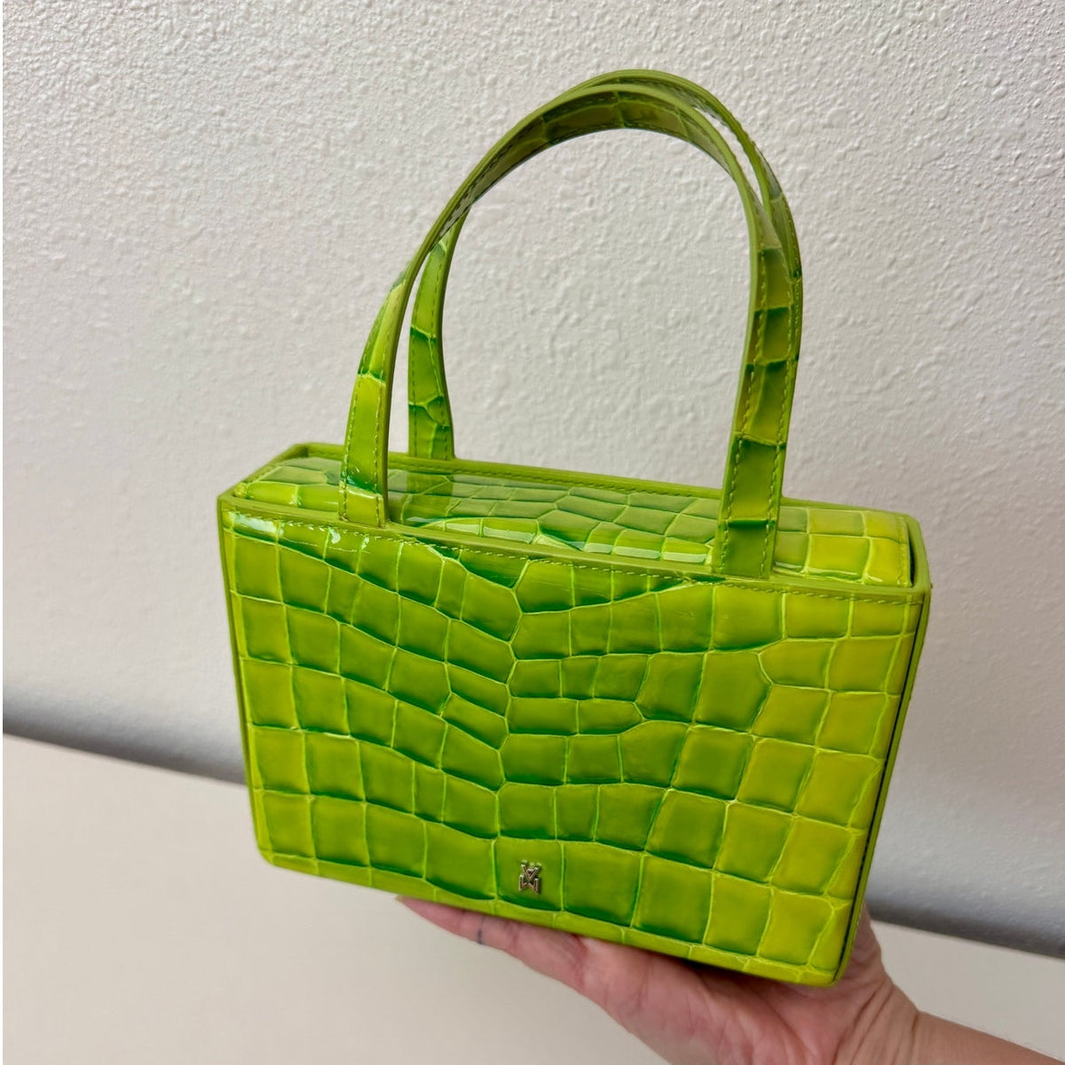 EUC Amina Muaddi Mini Croc Embossed Lime Green Leather Top Handle Bag