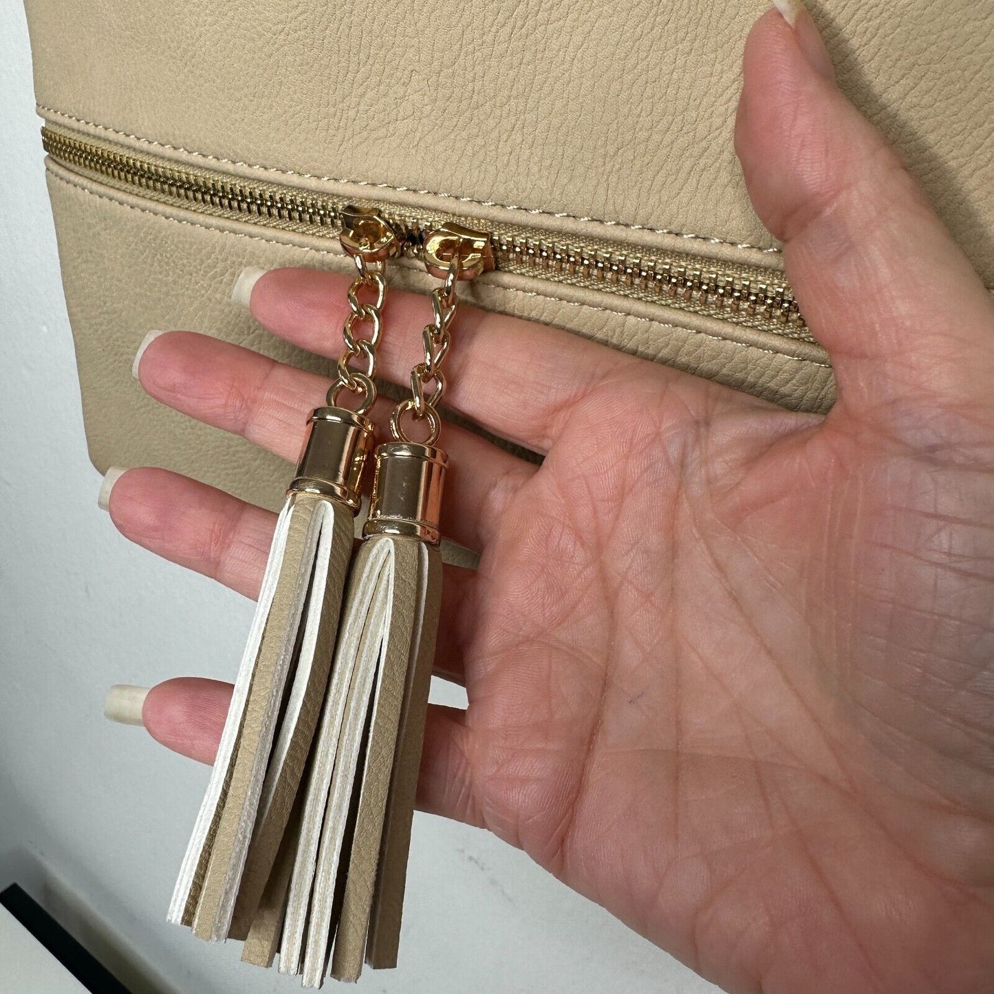 Desert Sand Tan and Gold Crossbody Bag Tassel Blue White Striped Interior Strap