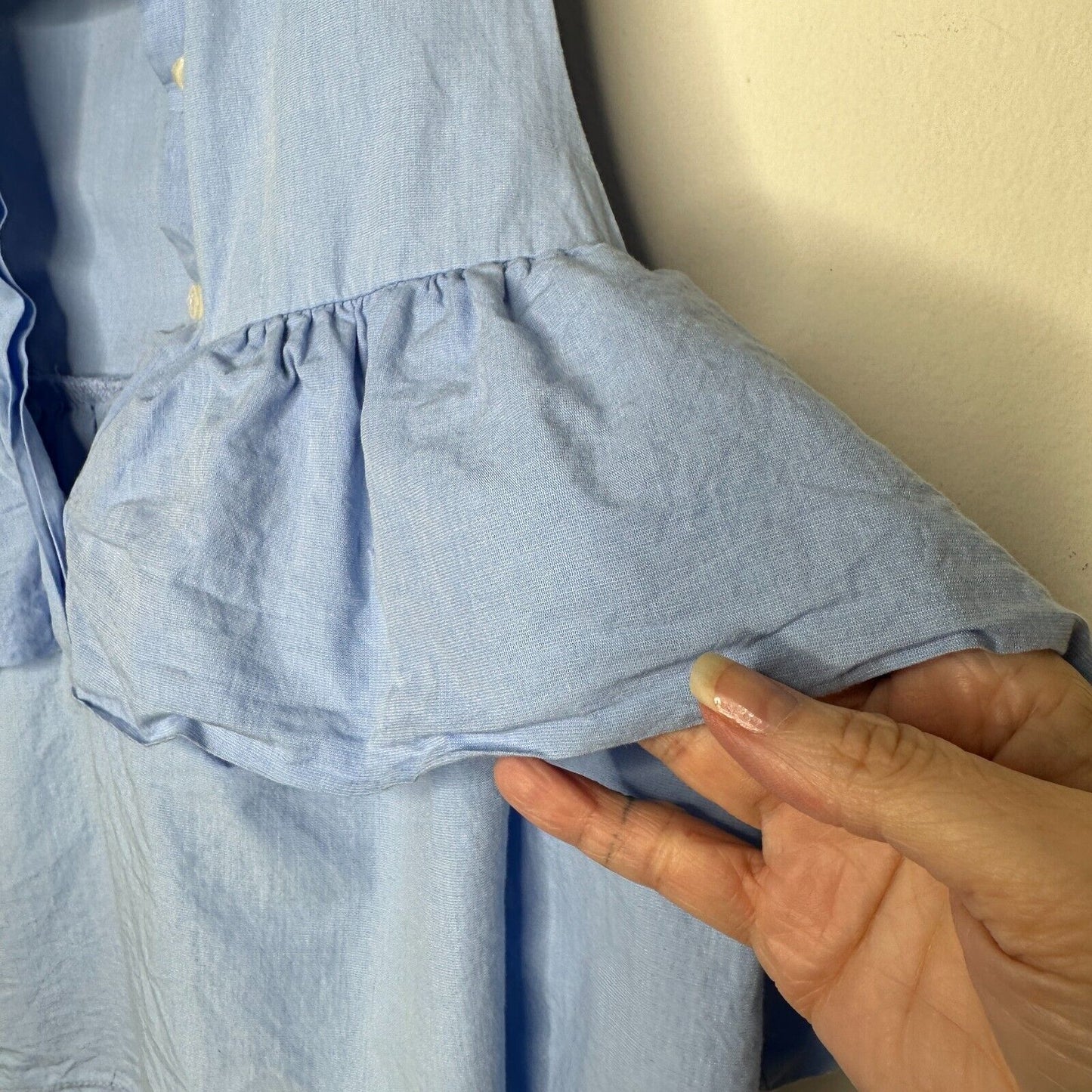 Chic Light Denim Blue Ruffled Cold Shoulder Half Front Button Flowy Blouse Small