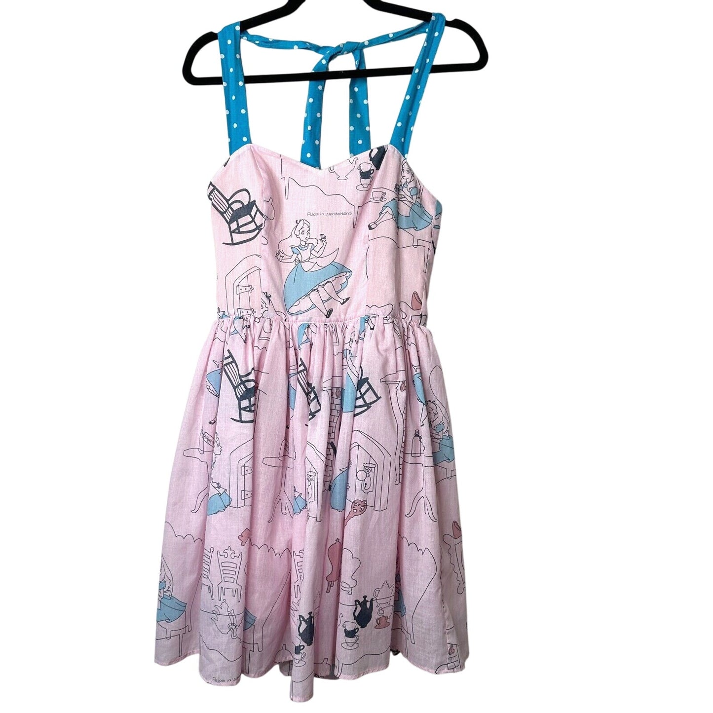 Cute Alice In Wonderland Print Pink & Blue Flowy Halter Top Apron Dress Zip SM