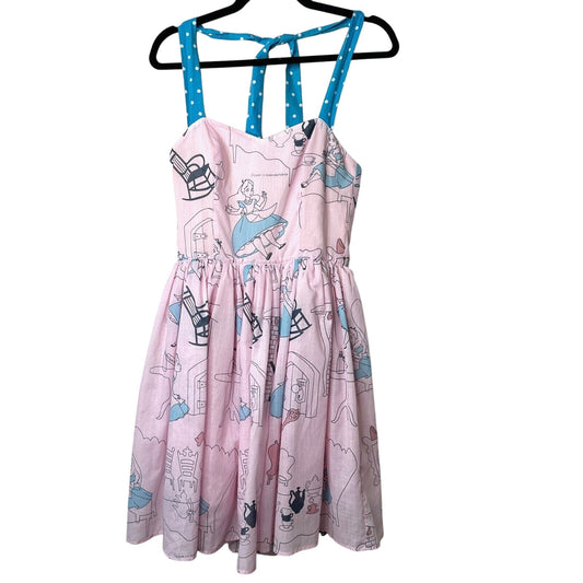 Cute Alice In Wonderland Print Pink & Blue Flowy Halter Top Apron Dress Zip SM