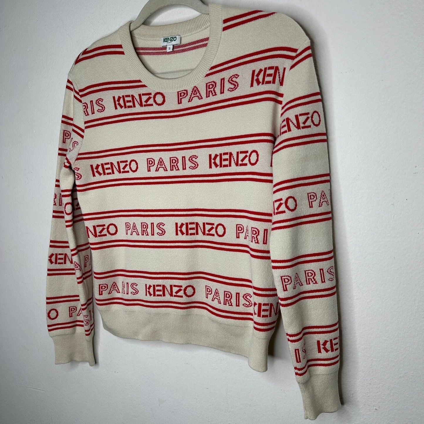 Kenzo Red & Tan Striped Woven Logo Knitted Sweater Long Sleeve Round Neck Small