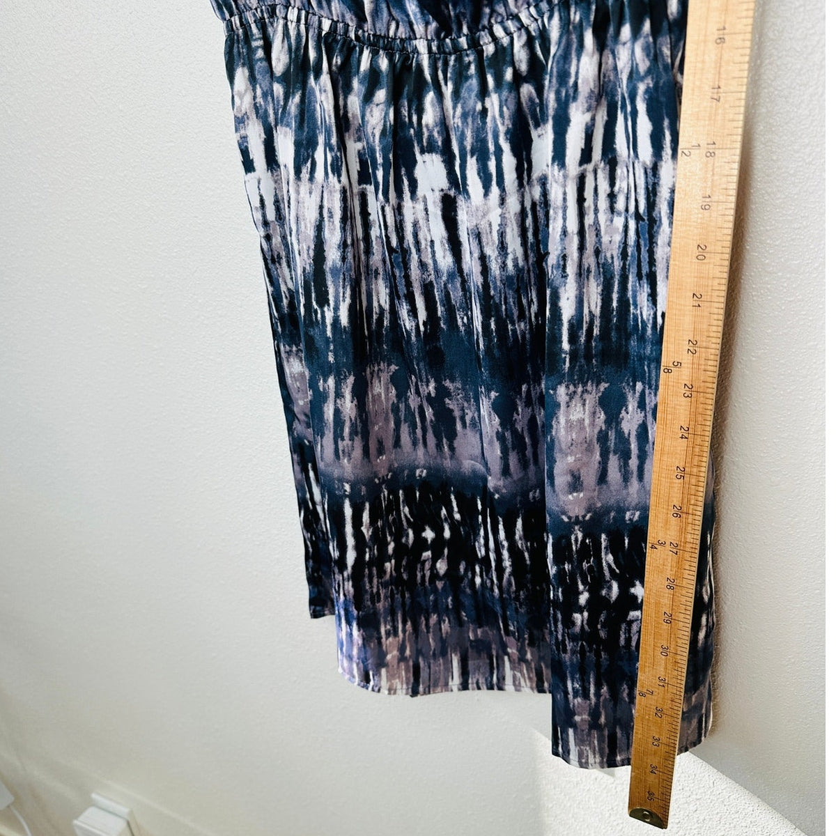 Envy Muted Steel Blue White Black Tie Dye Print Boat Neck Cinched Waist Dress M