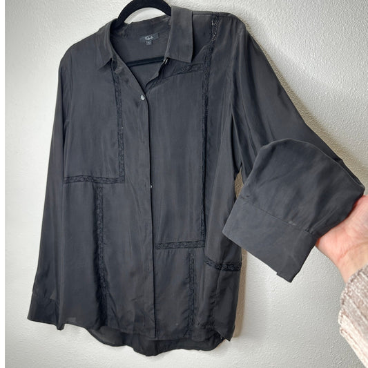 Rails Mona in Black Crepe Lace Long Sleeve Button Collared Shirt L
