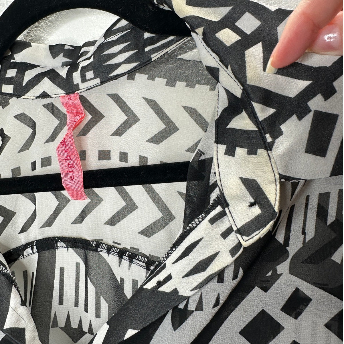 Eight Sixy Black & Gray Aztec Print Sheer Button Long Sleeve Blouse S