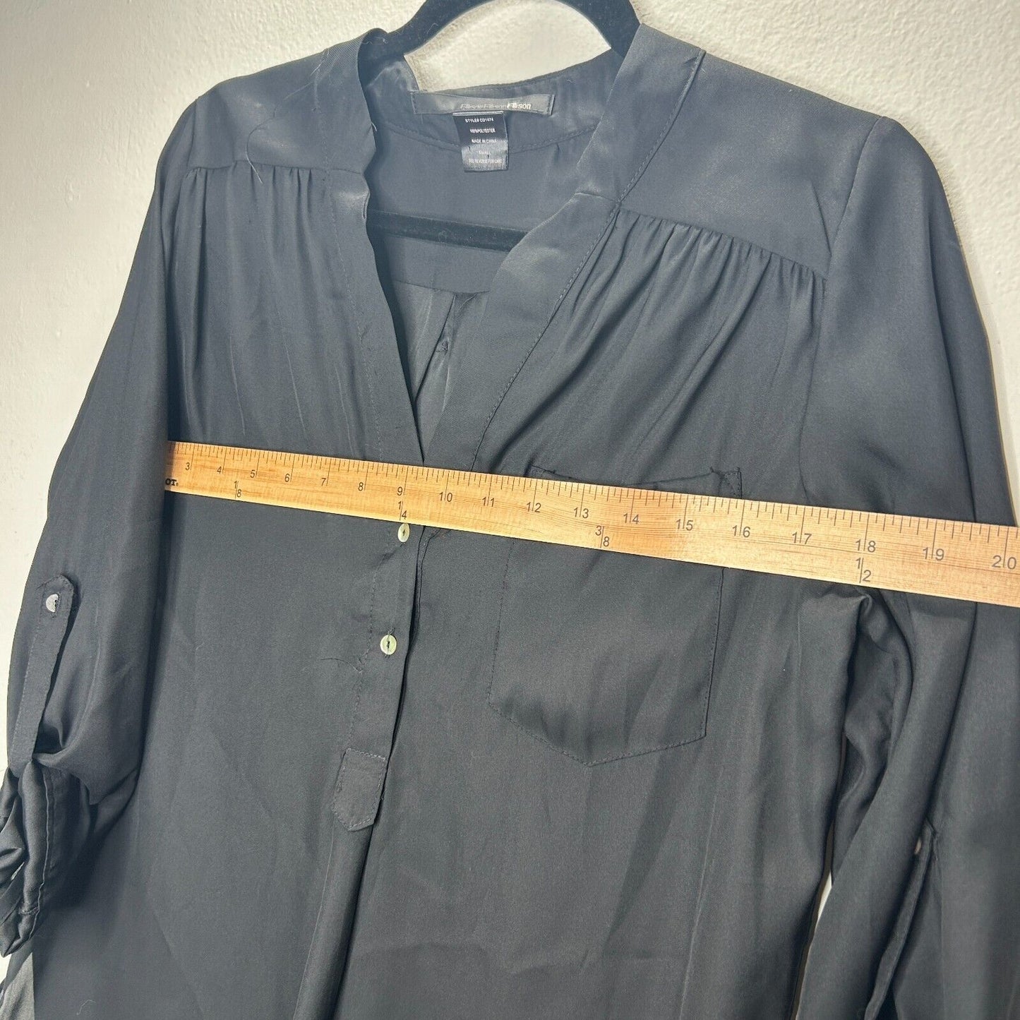 Ellison Black Satin V-Neck Front Button with Pockets Long Sleeve Blouse S