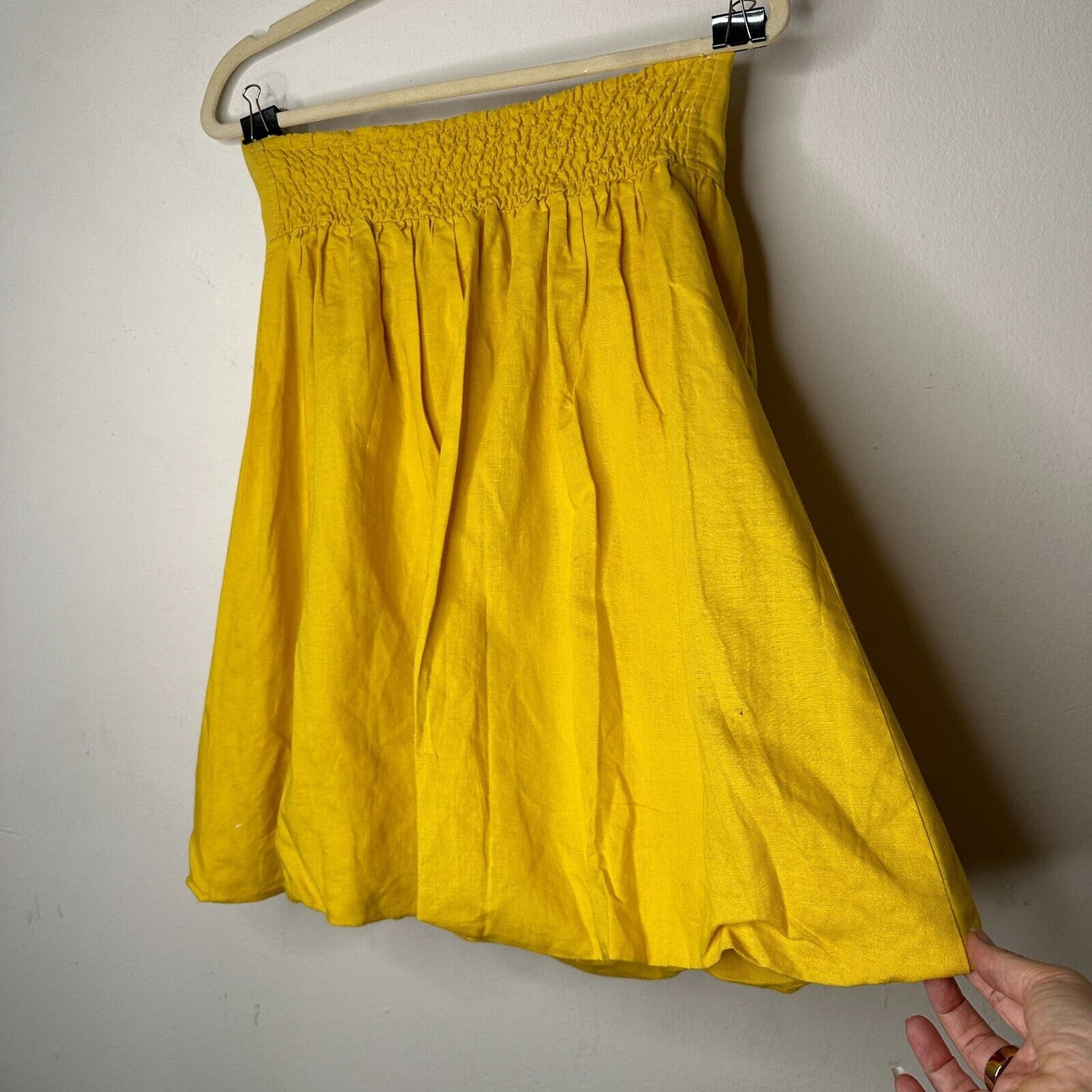 Yellow Linen Sleeveless Blouson Blouse Mini Dress Bead Bow Tie Front S