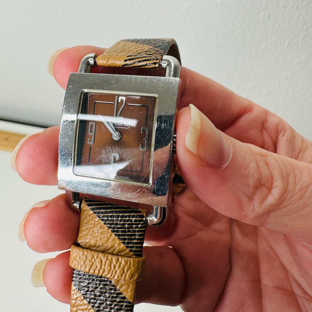 Coach Silver Square Bronze Face Watch Tan Plaid Watchband