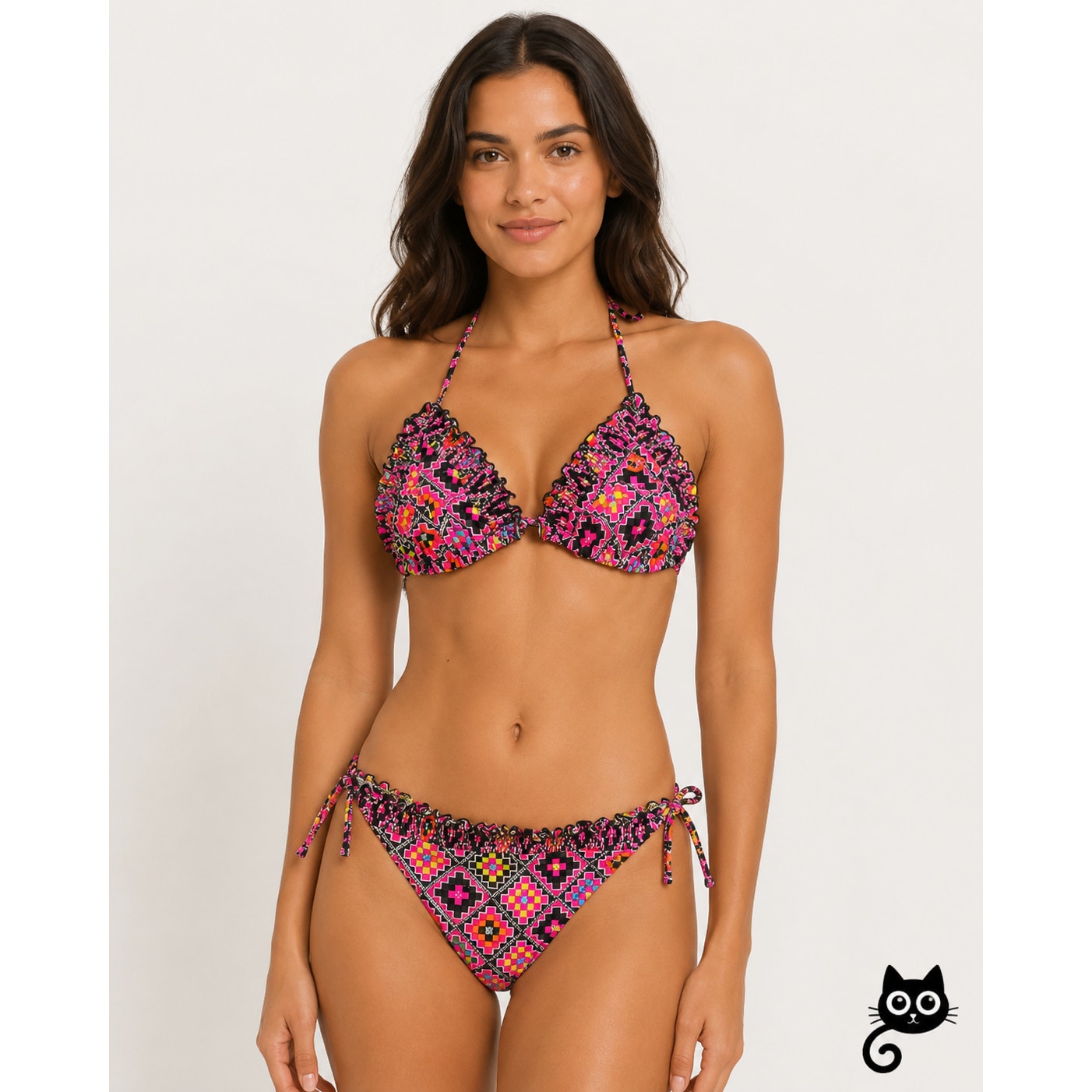 BIllabong Brown Pink Yellow Multi Print Ruched Ruffle Trim Bikini L