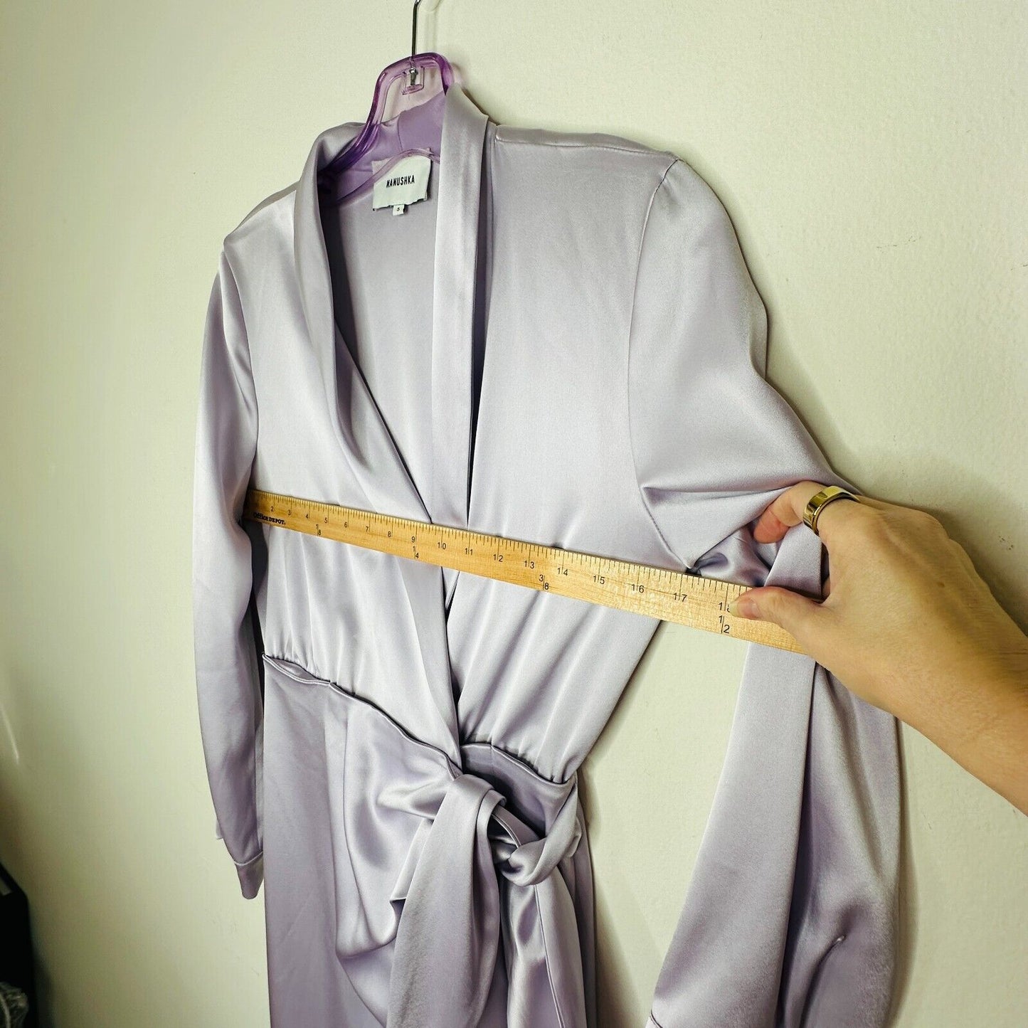 Nanushka Lilac Siwa Tech Satin Wrap Dress Asymmetrica V-Neck Concealed Snap S