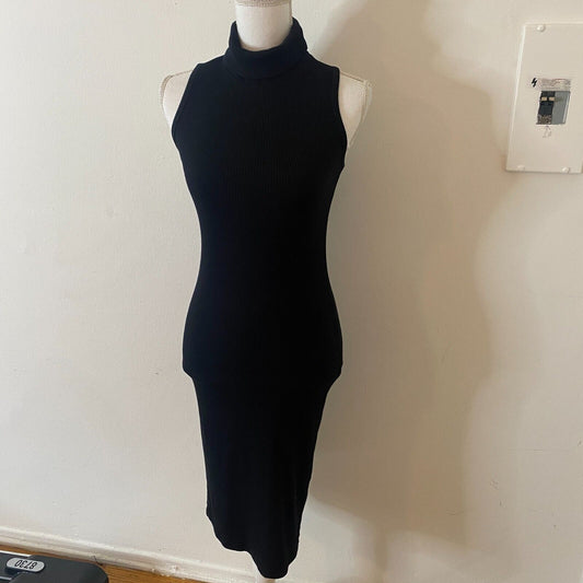 Black Mock Turtle Neck Sexy Ribbed Bodycon Sleeveless Cut Out Back Dress Small