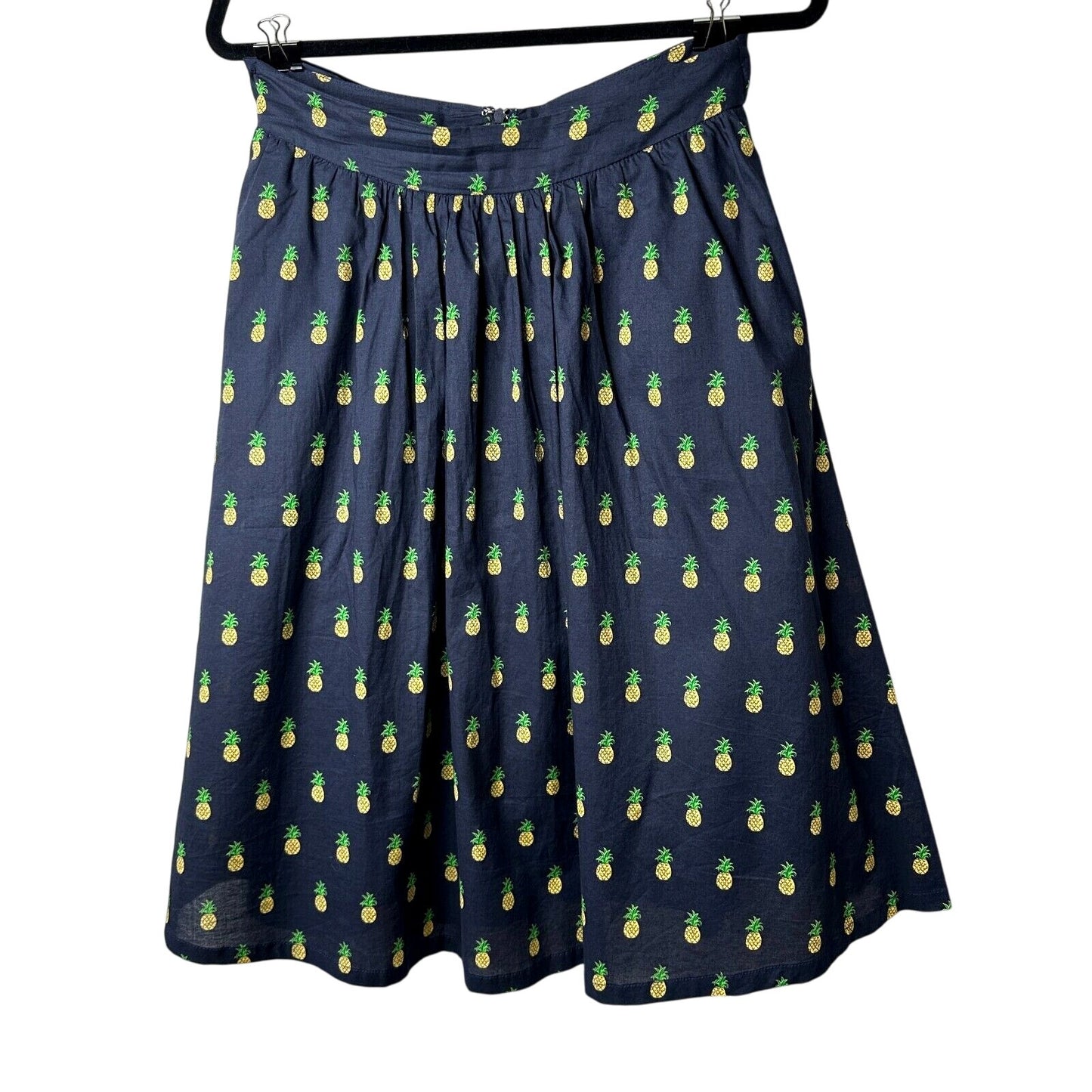 Mo:Vint NY Navy Pineapple Print Pleated Tie Pocket Circle Cotton Midi Skirt SM
