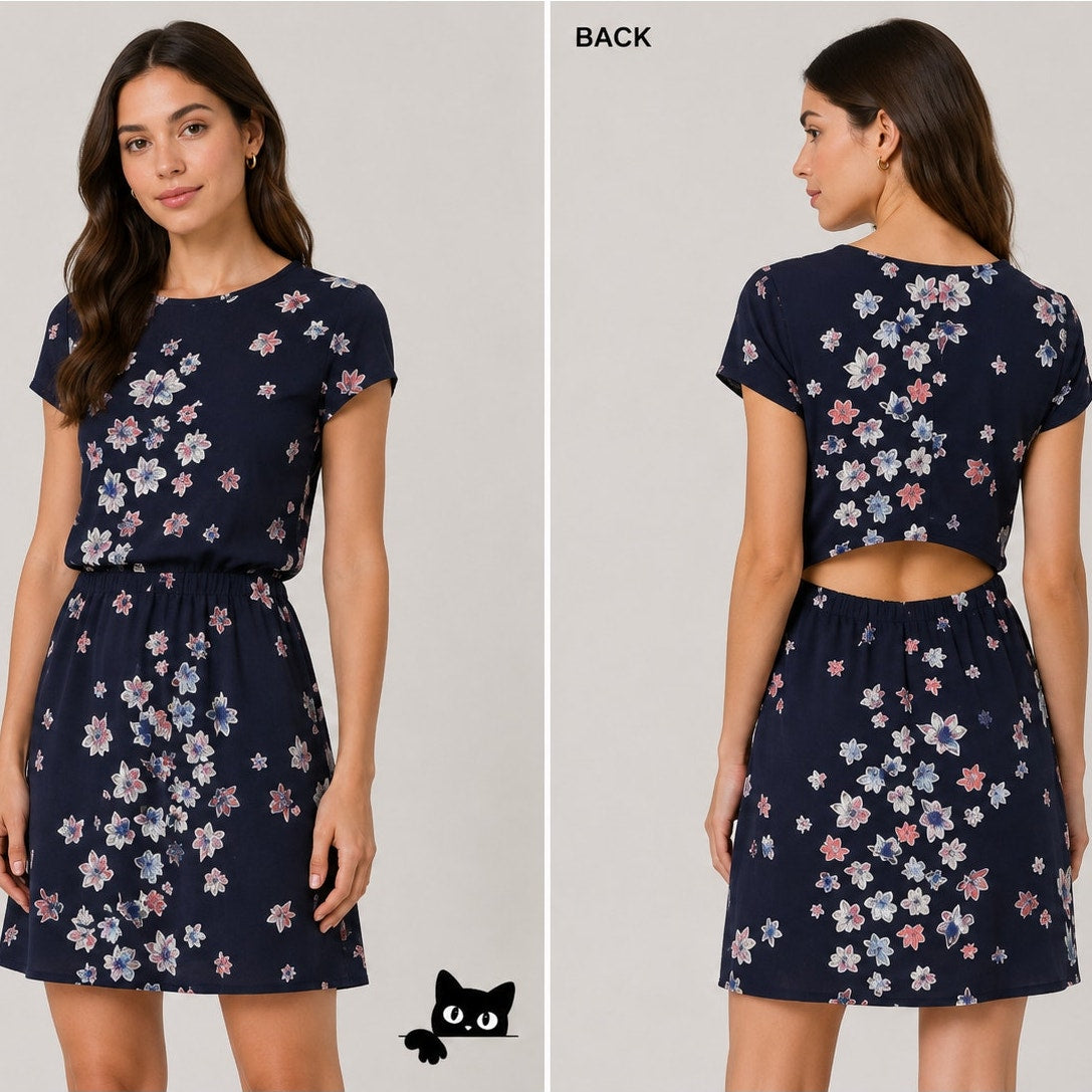 Club Monaco Ruth 100% Silk Navy Floral Open Back Dress pink blue 00