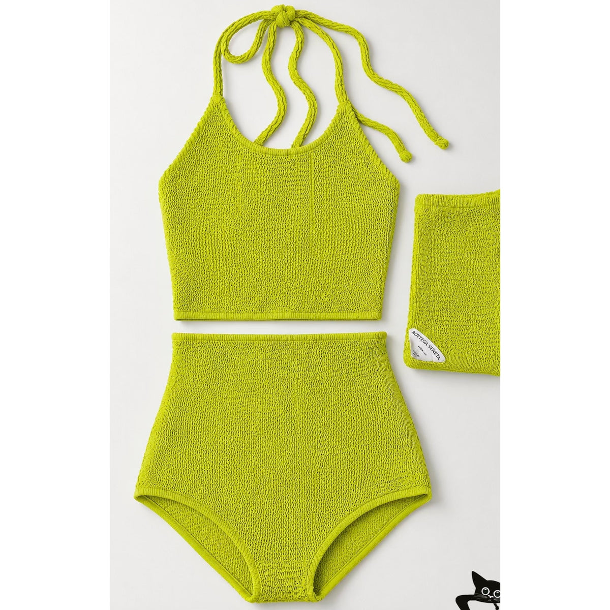 Bottega Veneta Chartreuse Seersucker Halterneck Bikini Set W/ Bag 42 / 6