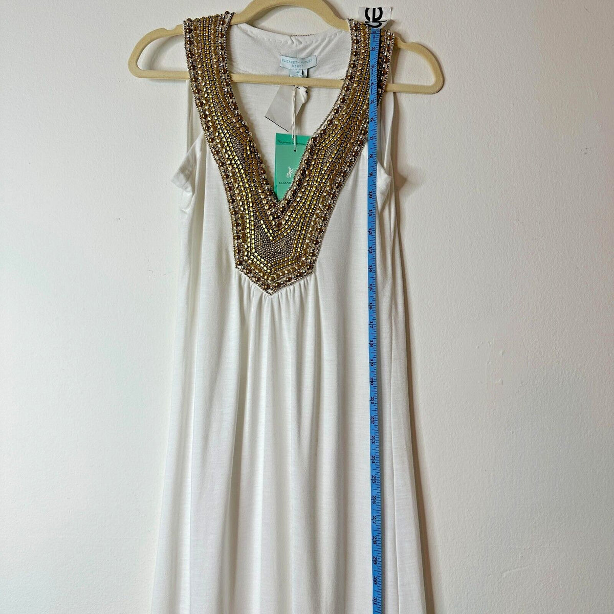 NWT Elizabeth Hurley Beach White Jemima Maxi Gold Embellished Bead Neckline Med