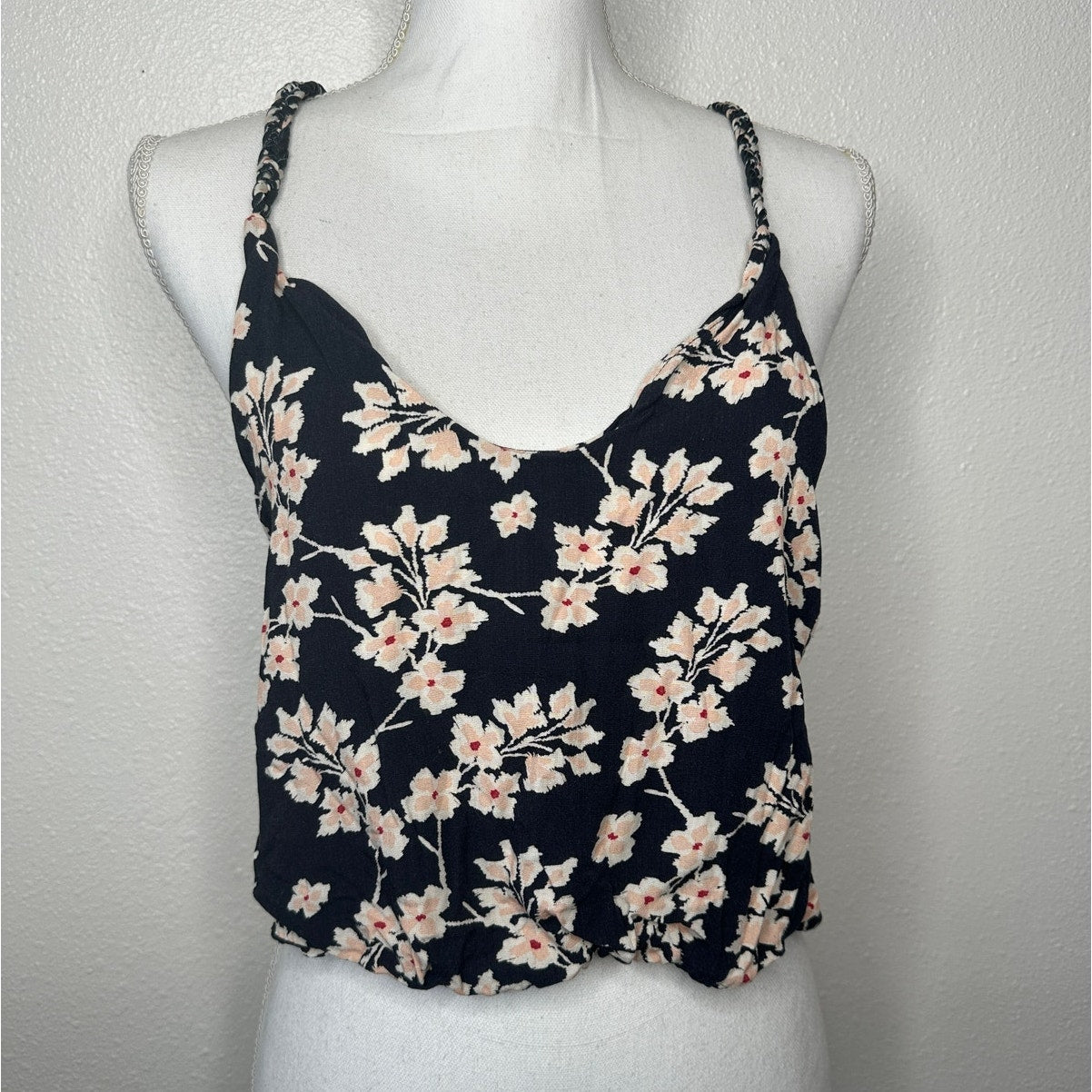 Boho Floral Braided Twist Back Tank Top XS Black Peach Cream Linen Summer Look