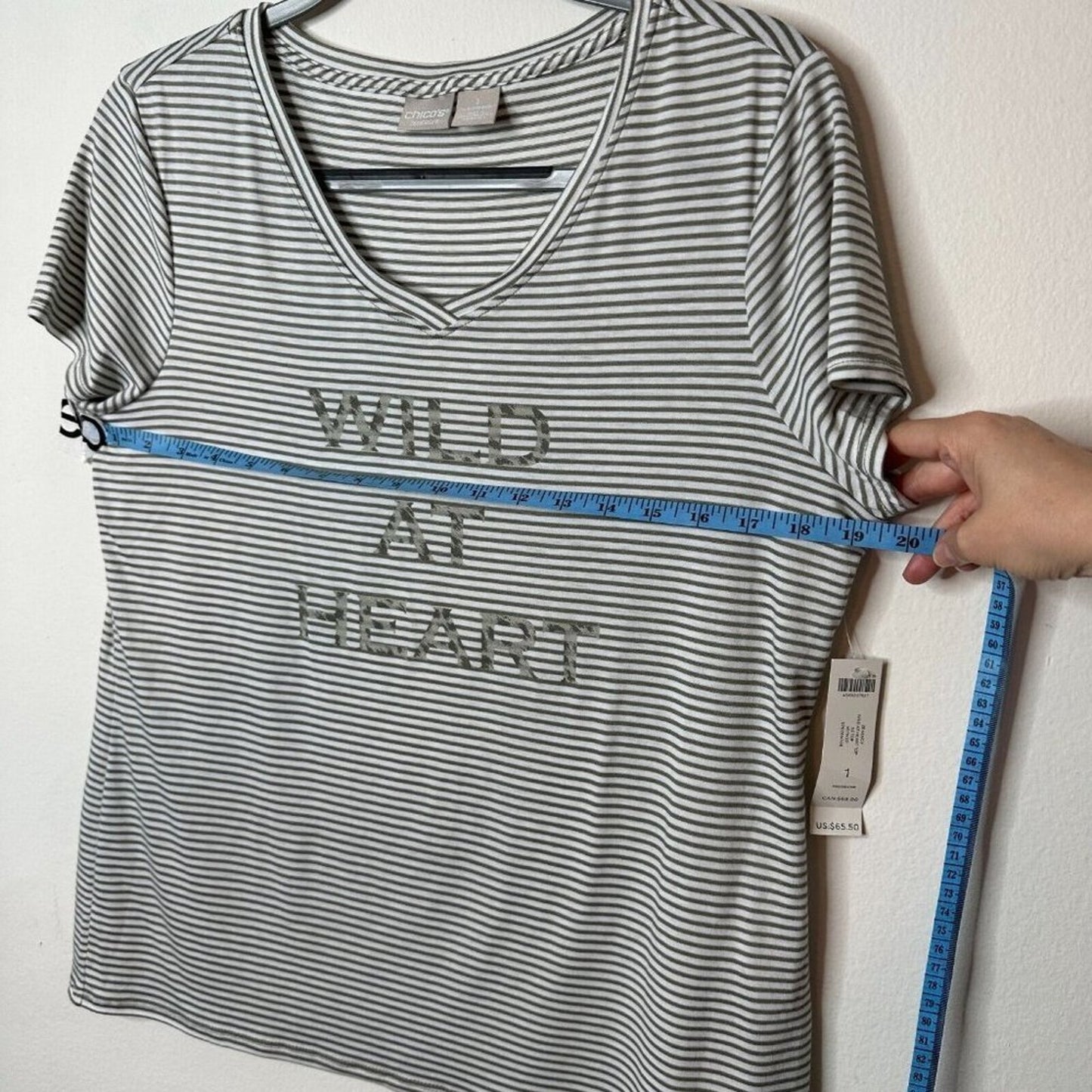 NWT Chico's Zenergy Wild At Heart Olive White Stripe V-Neck Tee  1