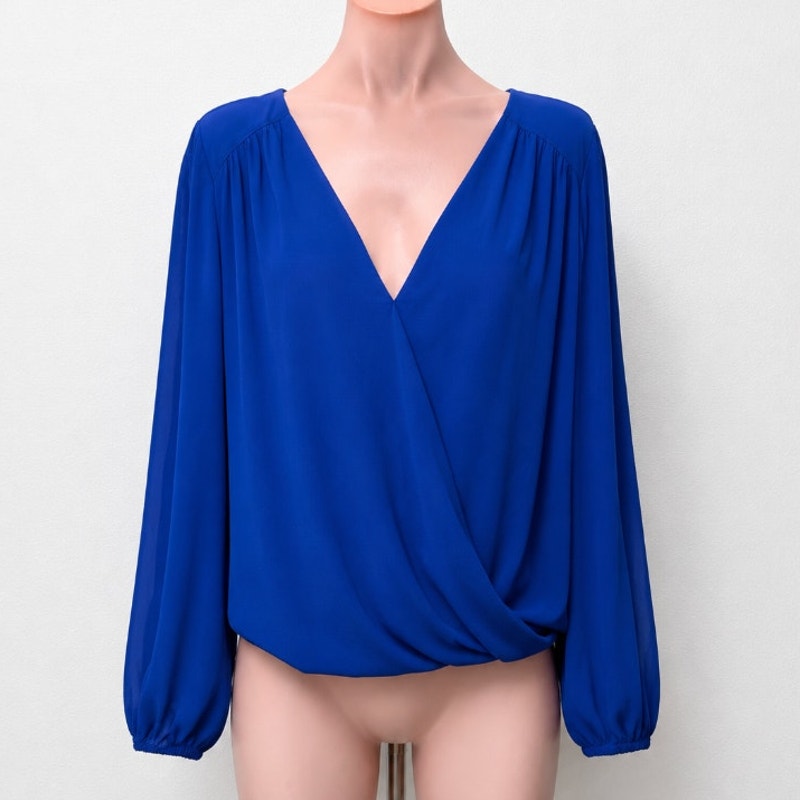 NWT INC Royal Blue VNeck Faux Wrap Long Sleeve High-Low Blouse XS