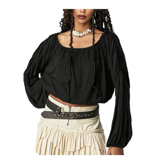 Free People Black In A Dream Balloon Sleeve Elastic Scoop Neck Boho Blouse Med