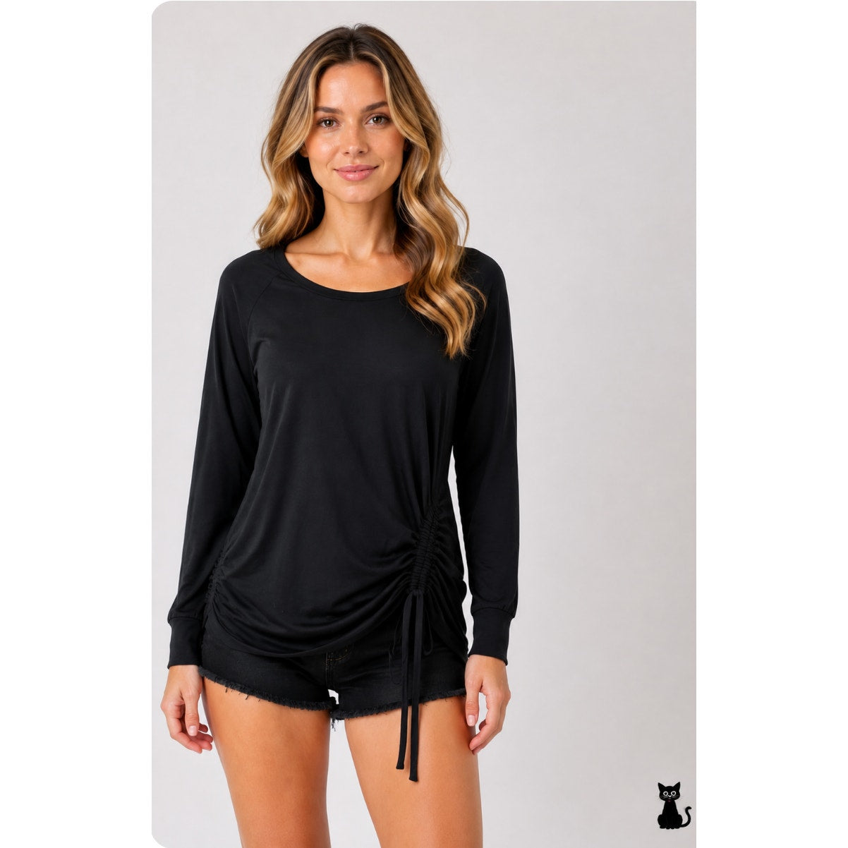 Peyton Jensen Black Front Ruched Side Tie Long Sleeve Banded Cuff Blouse XS