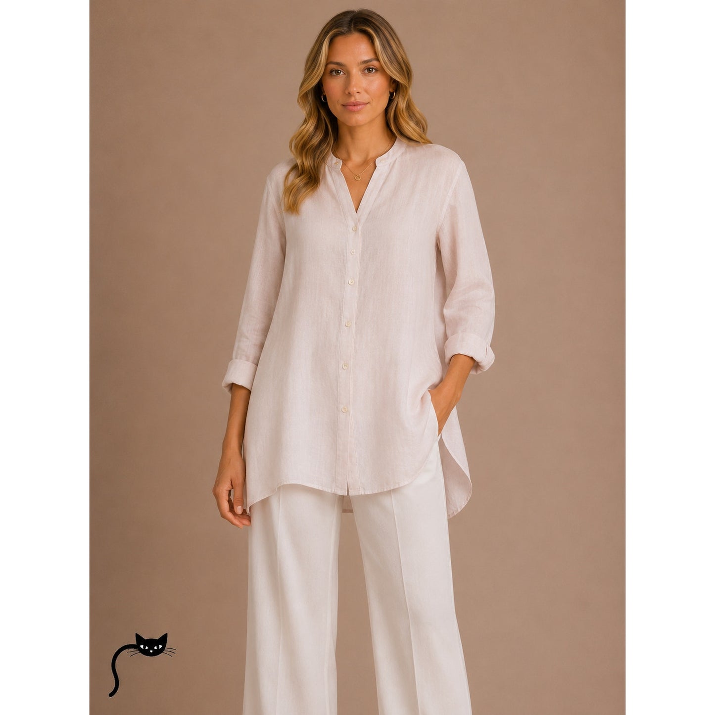 Eileen Fisher Pale Pink Organic Handkerchief Linen Mandarin Collar Shirt L