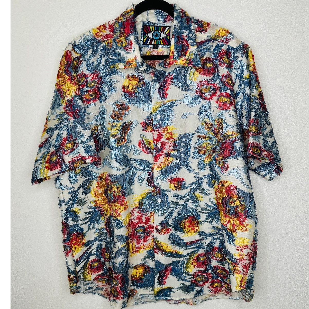 Libertine Cream Red Blue Gold Metallic Embroidered Button Down Short Sleeve Shirt L