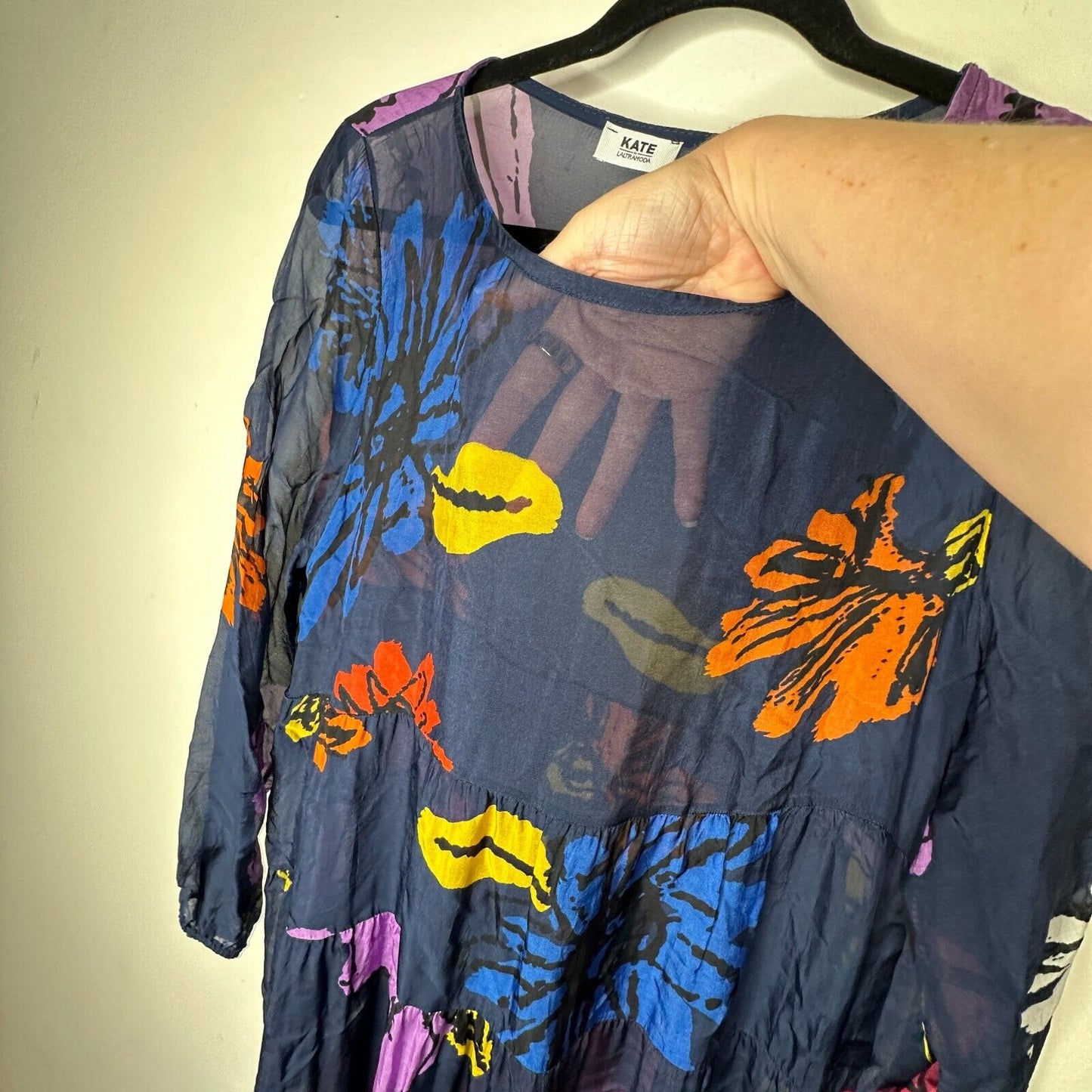Kate by Laltramoda Sheer Navy Multi Floral Boho Midi Dress 3/4 Sleeve Large