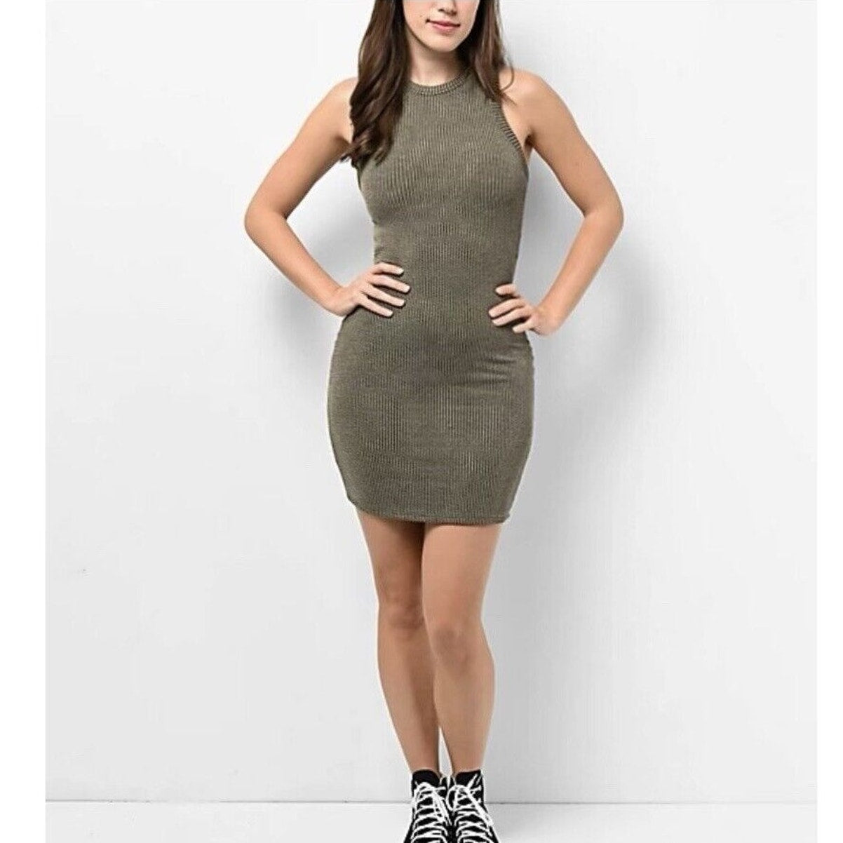 Garage Olive Green Rib Knit Sleeveless High Shoulder Tank Bodycon Mini Dress XS