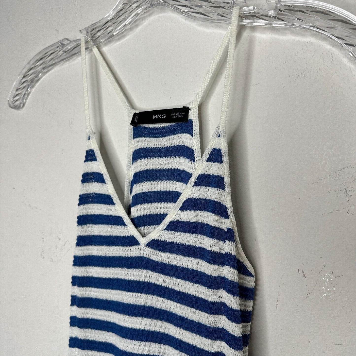 MNG White & Blue Striped Fine Knit V-Neck Thin Straps Maxi Stretch Dress XXS