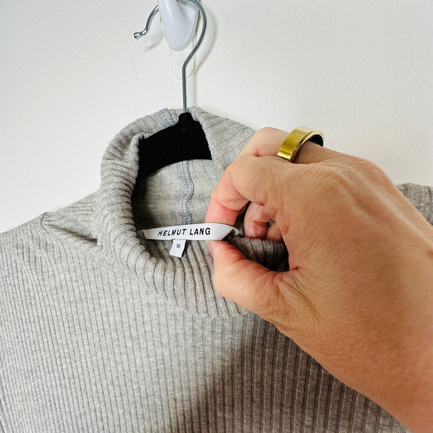 Helmut Lang Gray Turtleneck Long Sleeve Ribbed Knit Mini Dress Longline Top Med