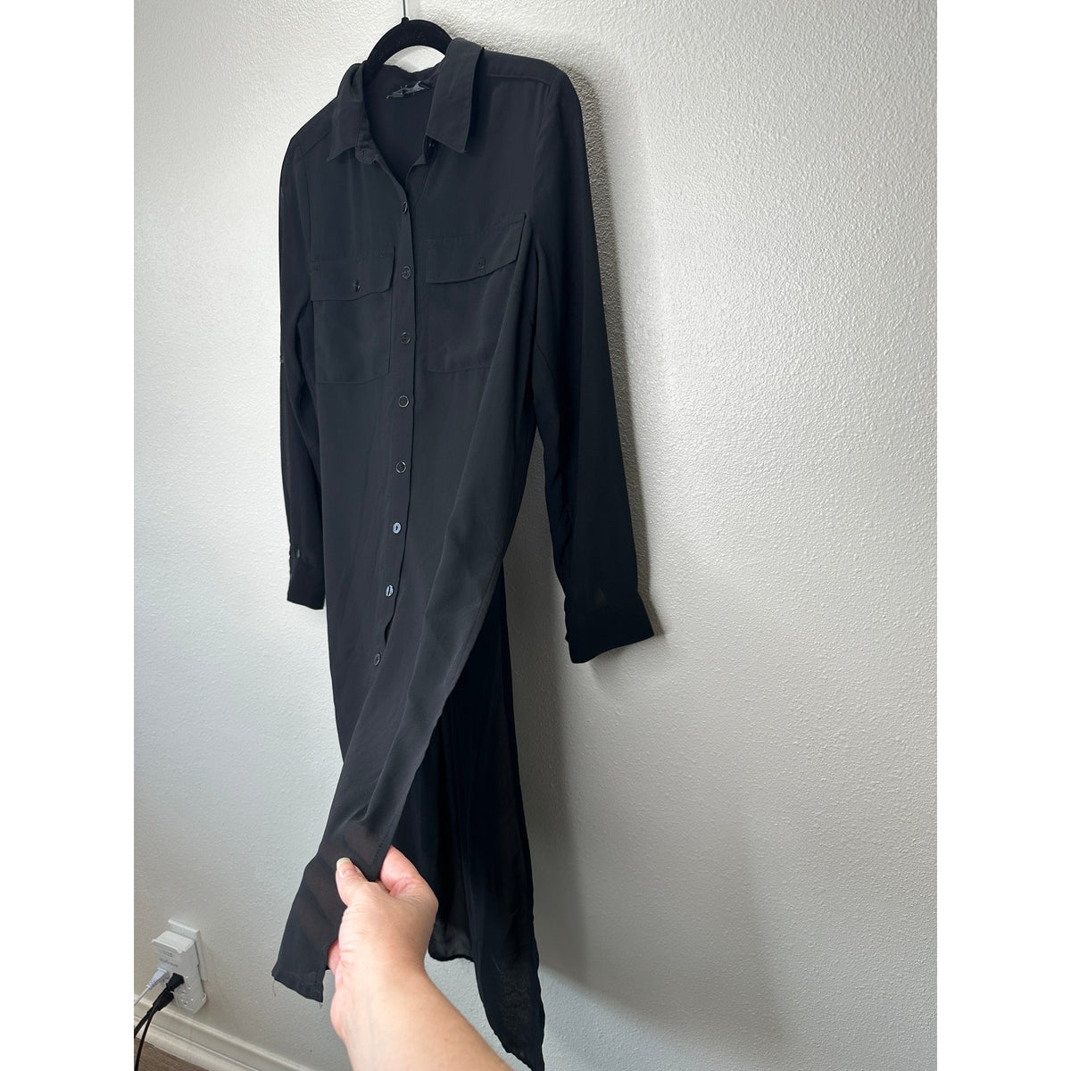 Comme Black Sheer Collared Front Button High Low Long Sleeve Shirtdress S / M