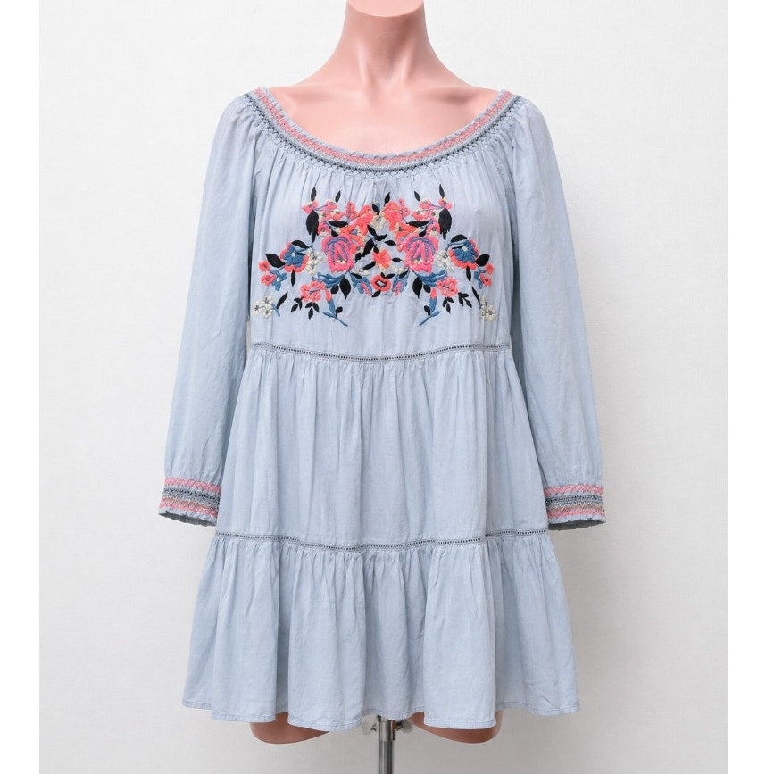 Free People Baby Blue Smocked Off Shoulder Embroidered Tiered Ruffle Mini Dress