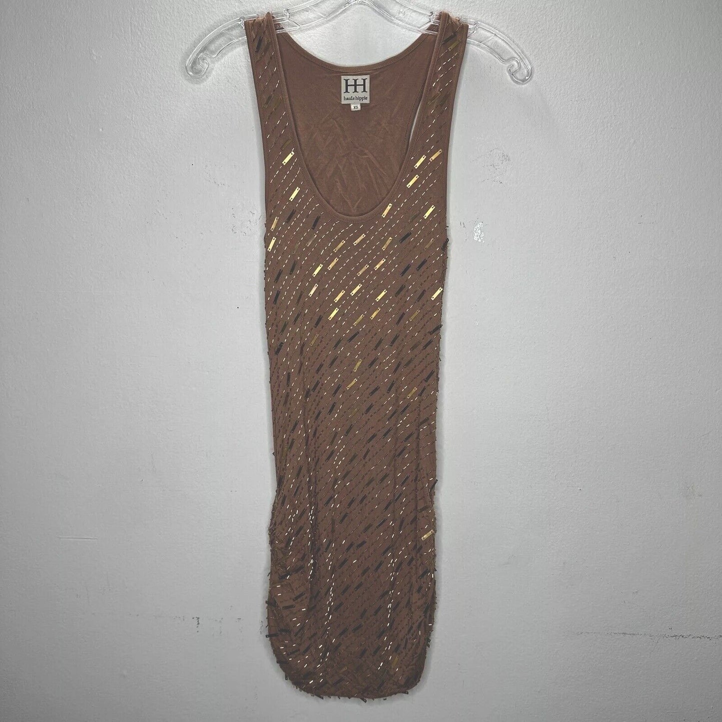 Haute Hippie Chocolate Brown Tank Mini Dress Side Ruche Gold & Beaded Adornment
