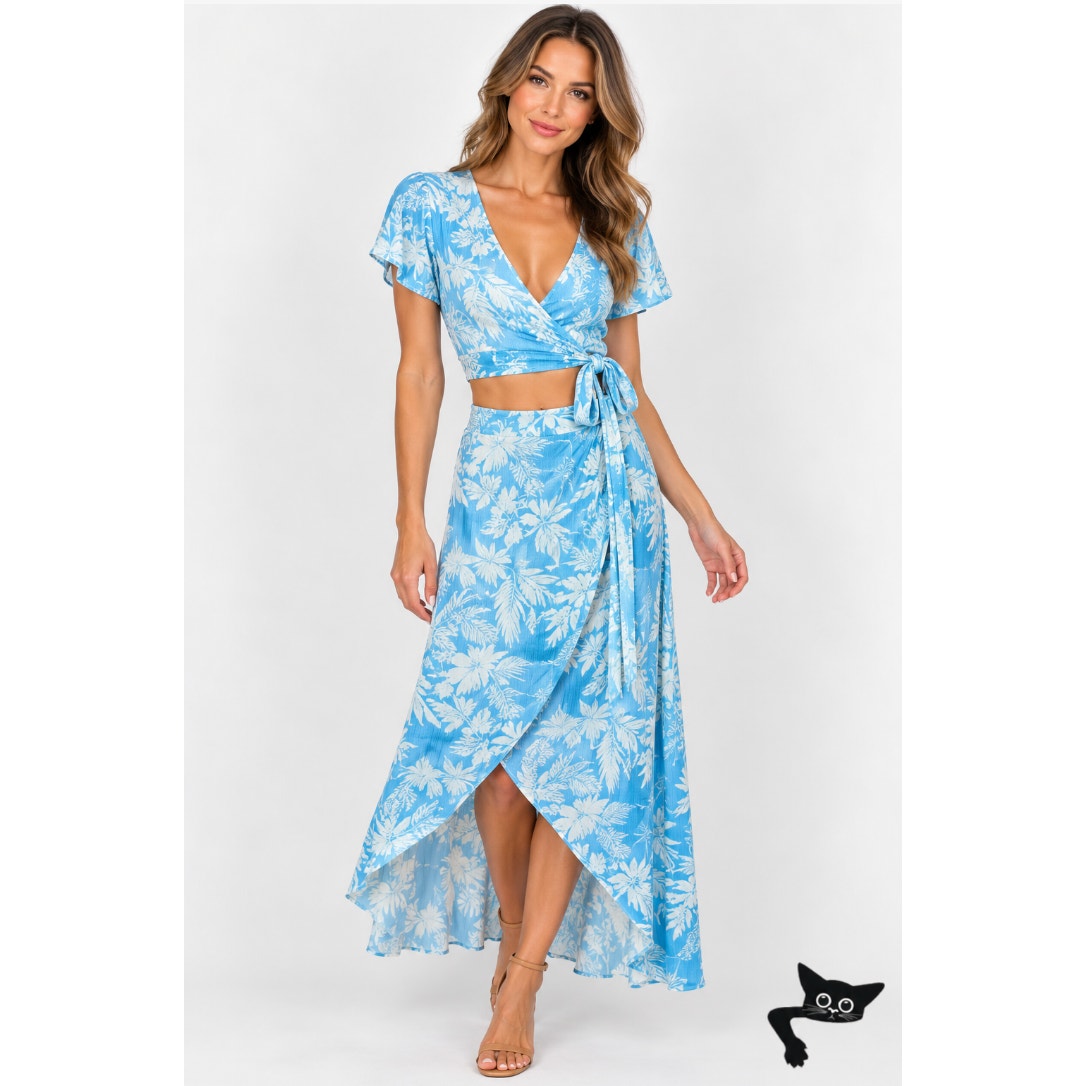 Sugarcloth SET Ivory Blue Floral Crop Top & Faux Wrap Skirt S