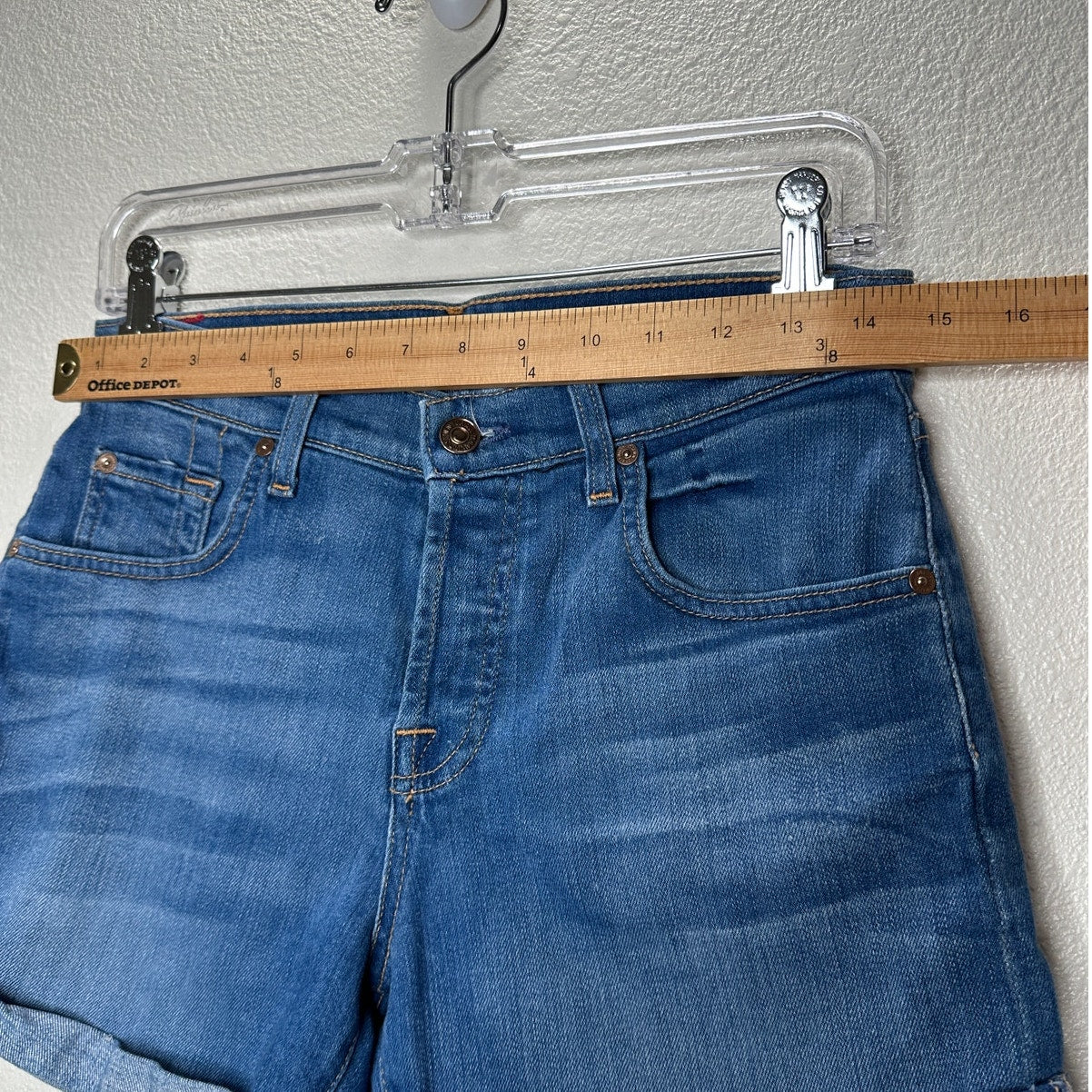 7 For All Mankind Medium Wash Mid Rise Button Fly Roll Up Cuff Jean Shorts 26