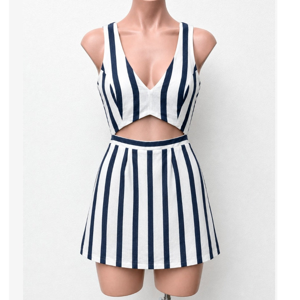 Topshop Navy and White Stripe Triangle Waist Cutout VNeck Nautical Mini Dress 4