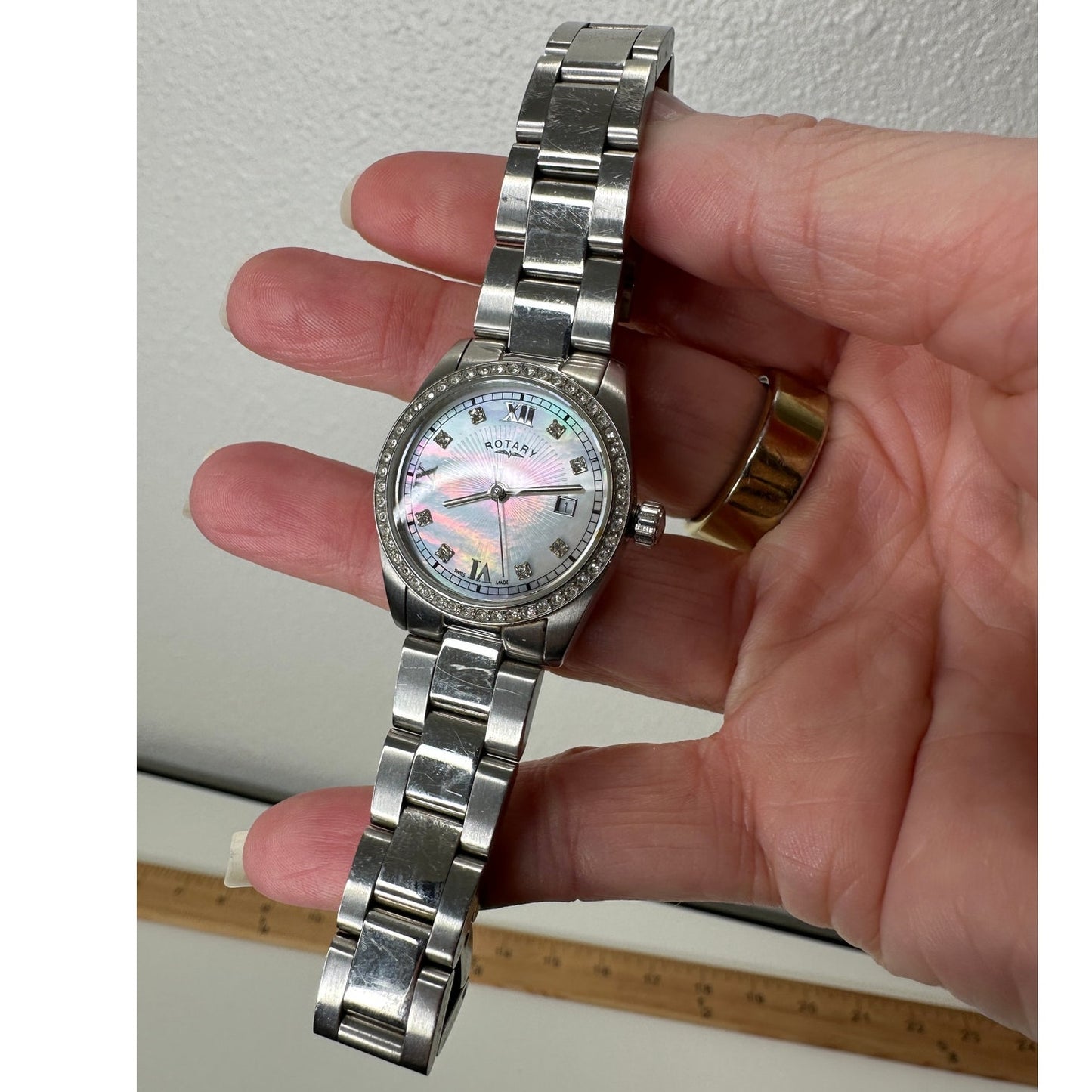 Rotary Havana Silver Diamond Bezel Pearl Face Quartz Watch