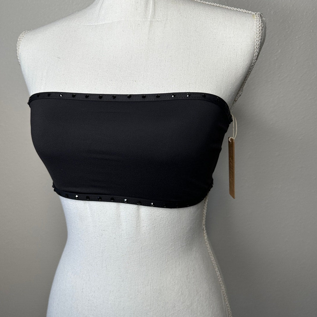 NWT SKIMS Swim Rhinestone Bandeau Top S Onyx Black Strapless Sparkle Swimwear