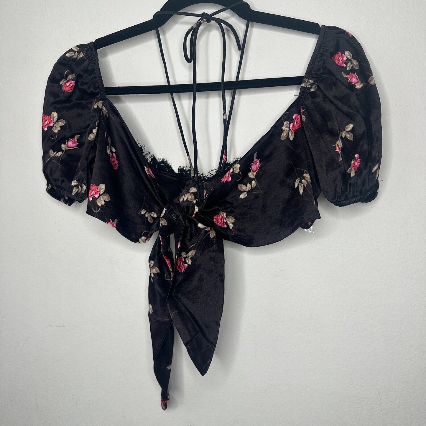 Rat & Boa Bonita Chic Satin Black Pink Floral Tie Top Sweetheart Neck Lace S