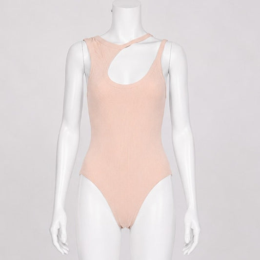 Alix NYC Tan Allen Asymetrical Scoop Neckline Sleeveless Ribbed Knit Bodysuit SM