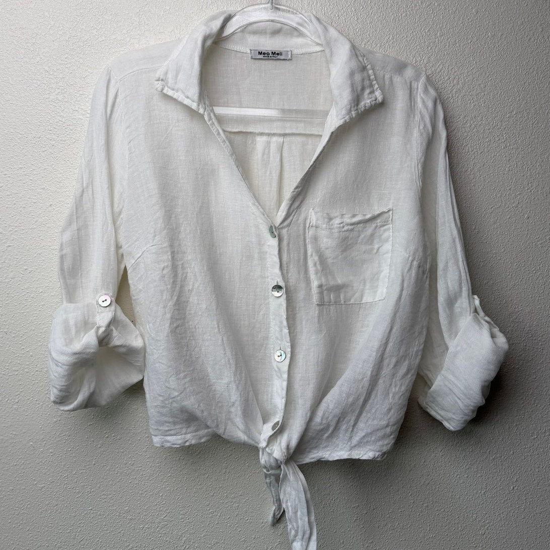 Meo Meli White Linen Button Front Tie Hem Collared Blouse