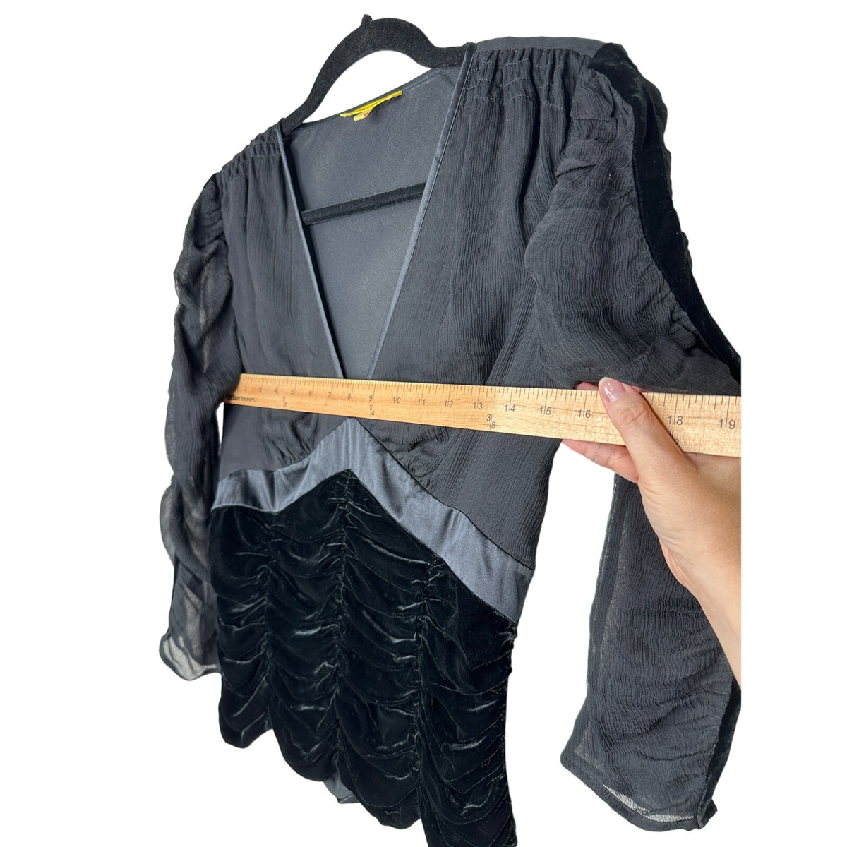 Catherine Malandrino Black Deep-V Gauze Satin Velvet Ruched 3/4 Sleeve Blouse S