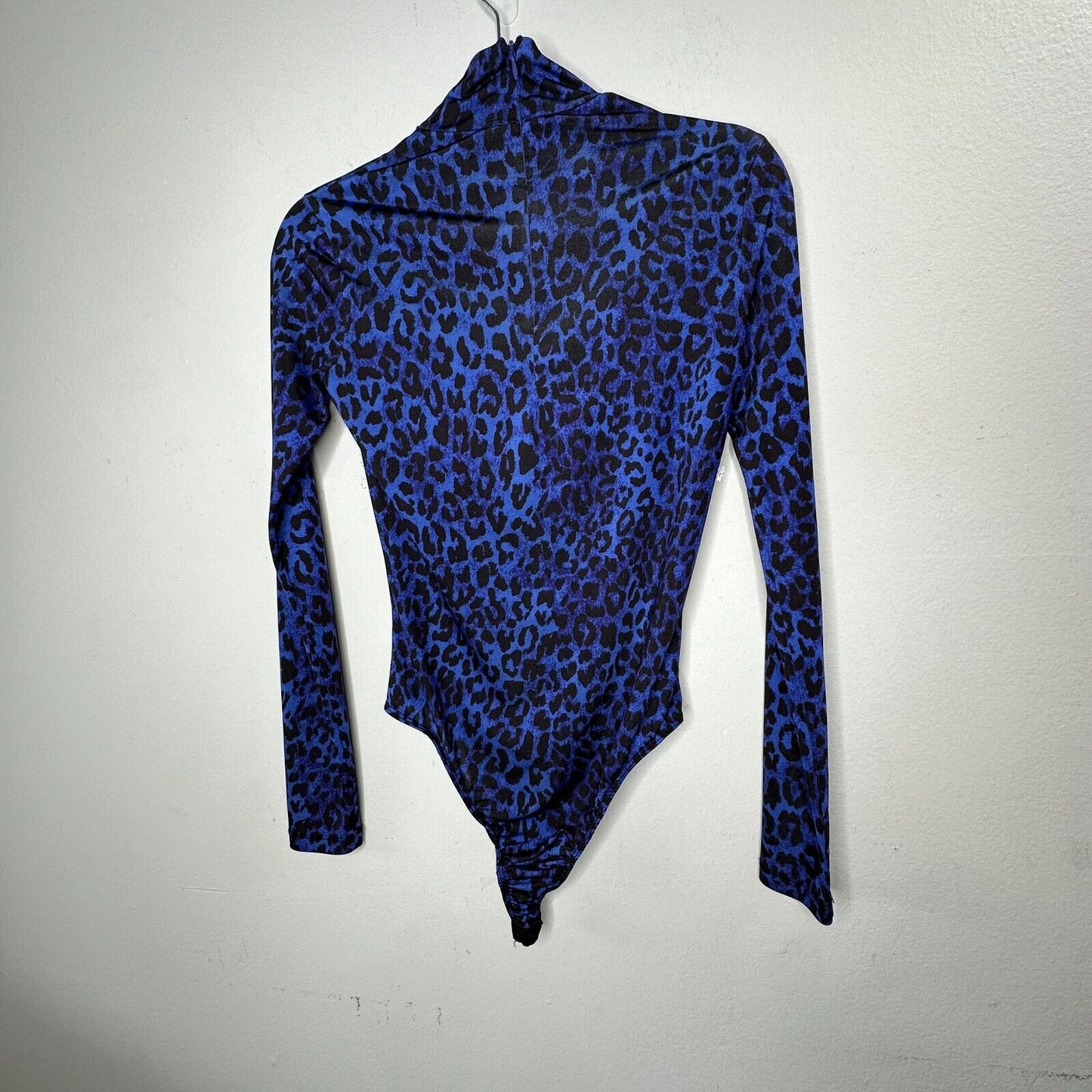 Topshop x Halpern Blue & Black Cheetah Mock Neck Back Zip Snap Bottom Bodysuit 2